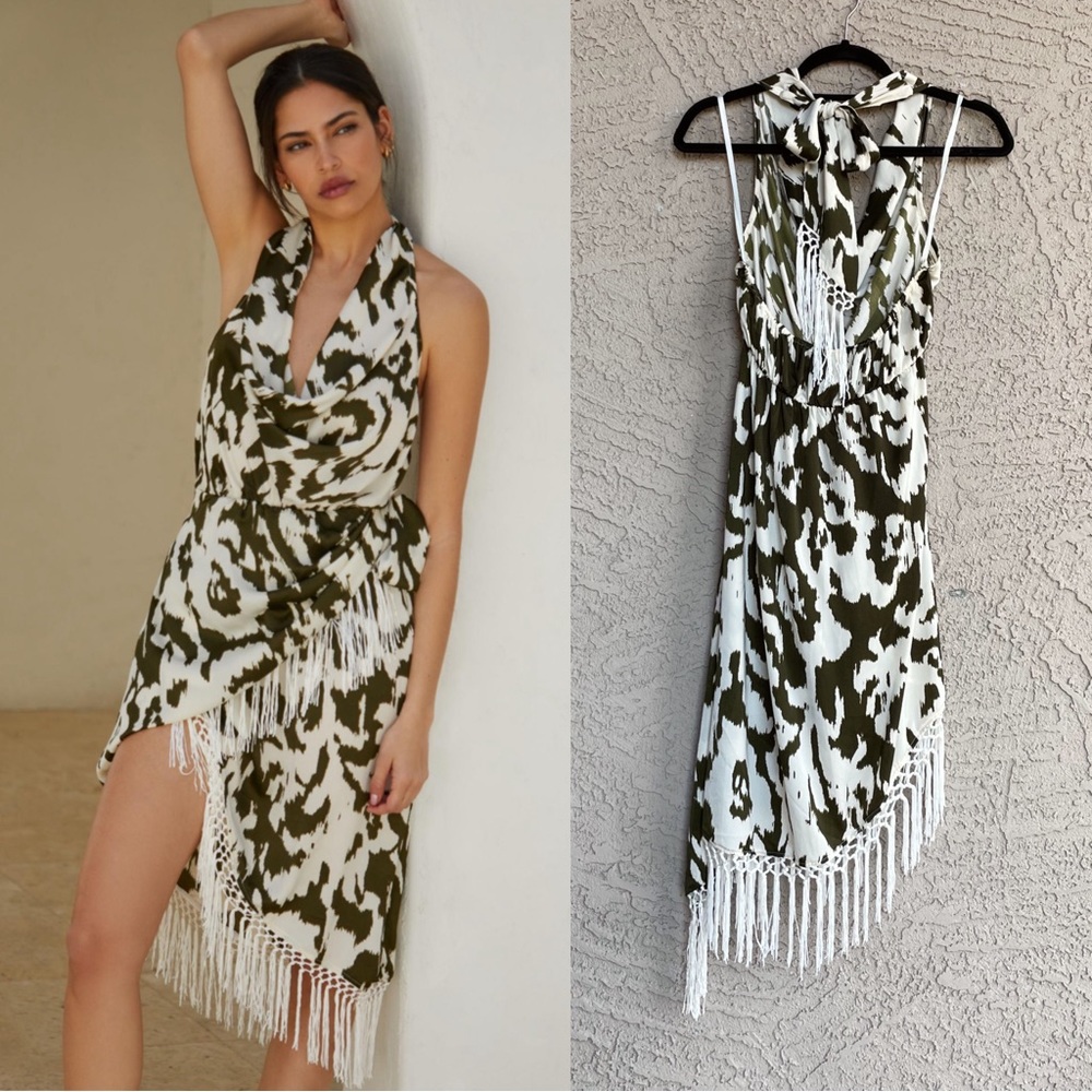 ANTHROPOLOGIE Olive Green & White Satin Fringe Cover Up Halter Dress - Picture 8 of 15